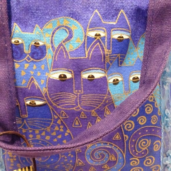 Indigo Cats Laurel Burch Small Canvas Purse Tote Handbag Blue NEW Beaded Sequin - Picture 2 of 8